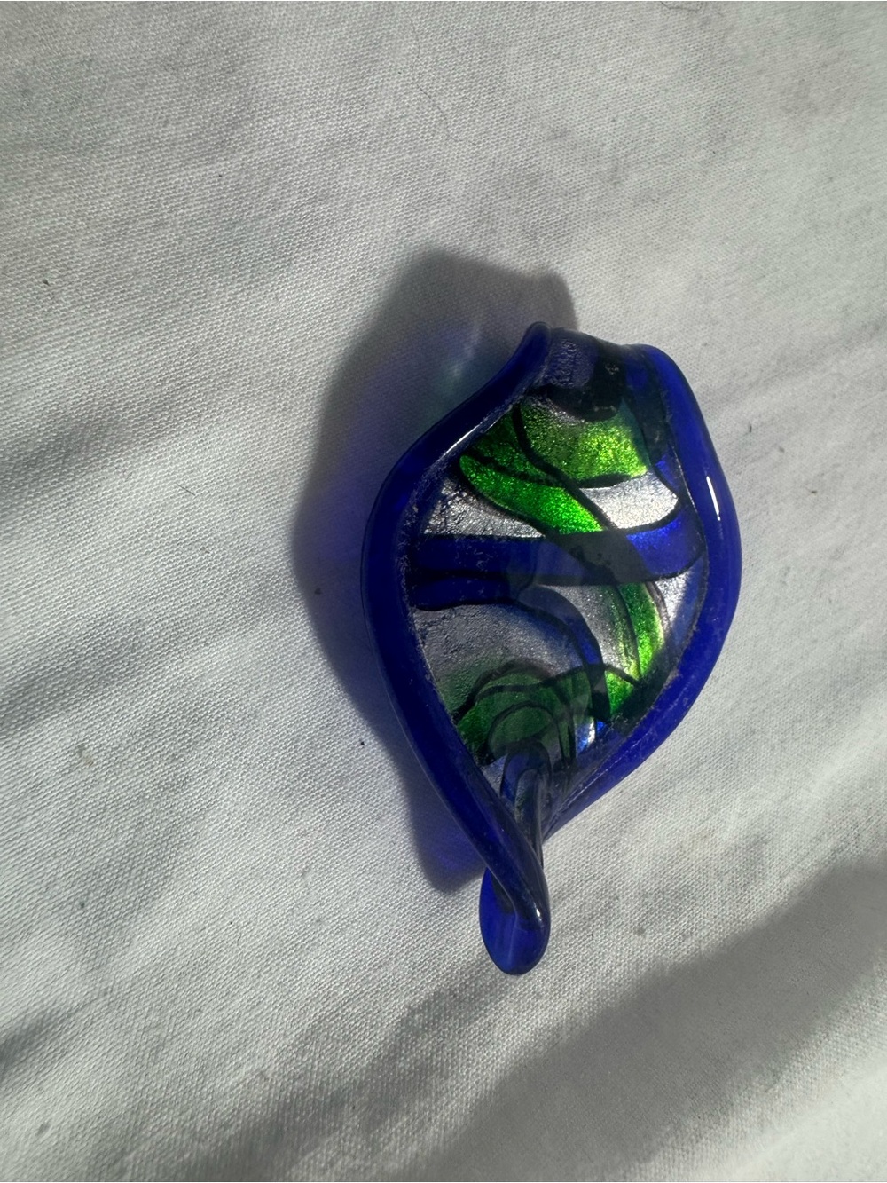 Murano Style Leaf-Shaped Art Glass Pendant Teal Green Blue Swirls with Blue Edge